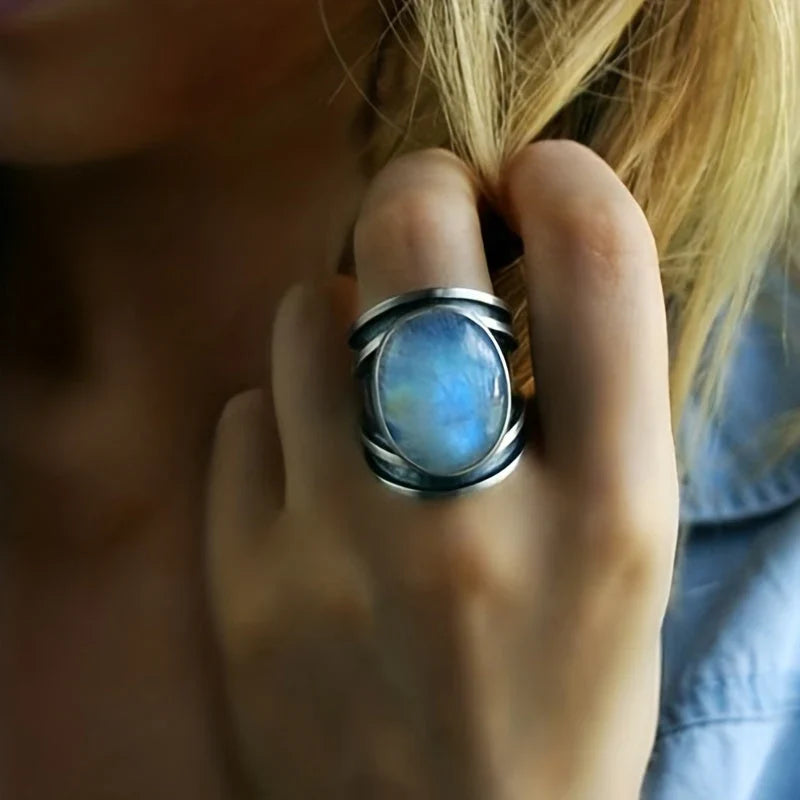 Stainless Steel Ring with Iridescent Moonstone