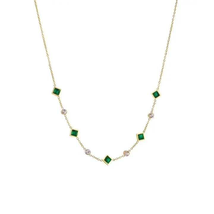 Elegant Necklace with Square Emerald Green Pendant and Cubic Zirconia