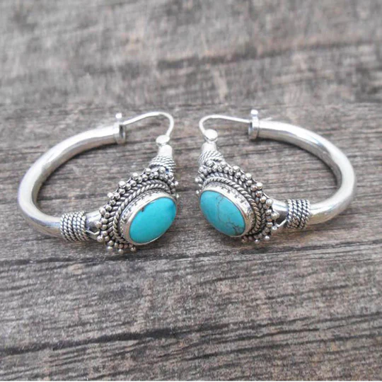 Vintage turquoise hoop earrings in an ethnic boho style