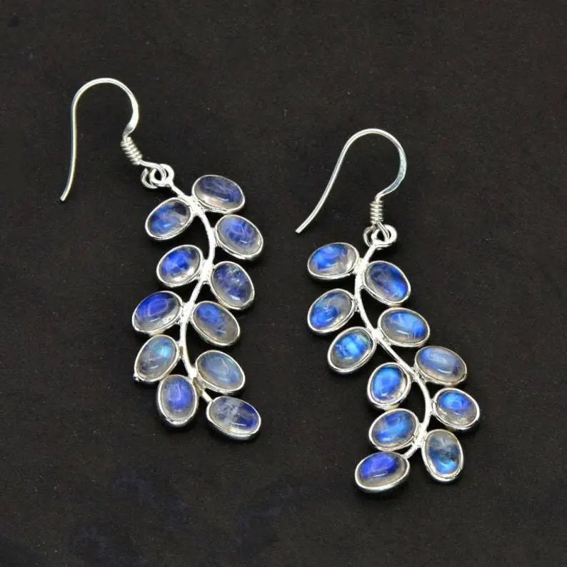 Brilliant Rainbow Moonstone Earrings with Delicate Leaf Design