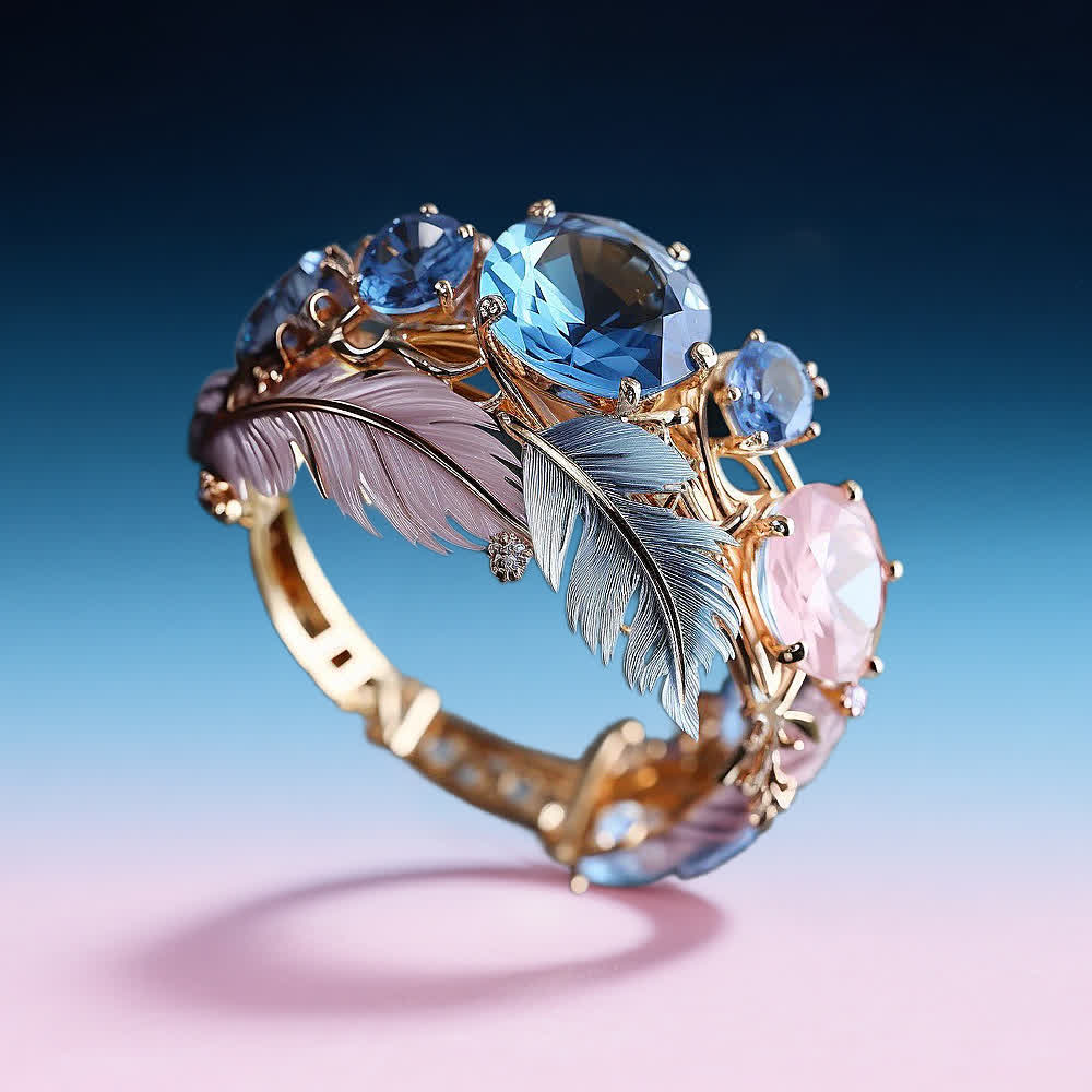Vintage Ring with Crystals and Exotic Feathers