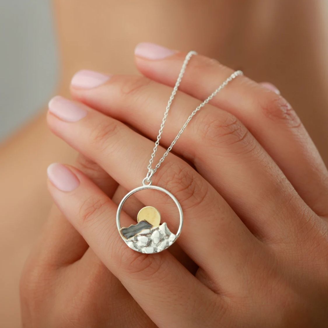 Mountain Landscape Necklace with Sun and Hammered Details