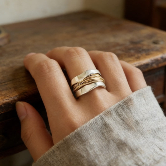 Two-Tone Duo – Wavy Silver and Gold Ring