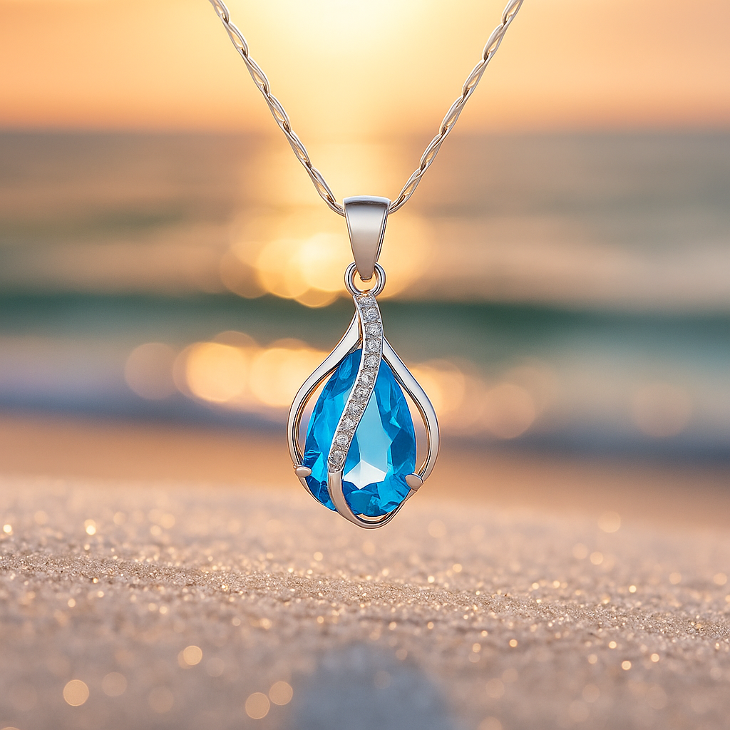 Blue Cubic Zirconia Teardrop Necklace for Beach Elegance