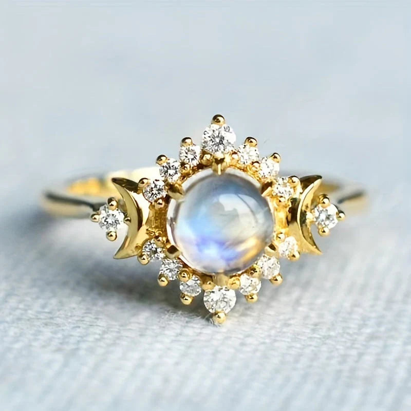 Stainless Steel Lunar Ring with Moonstone and Crystals