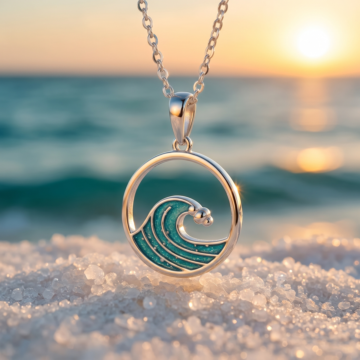 Aquamarine Enamel Wave Pendant Necklace