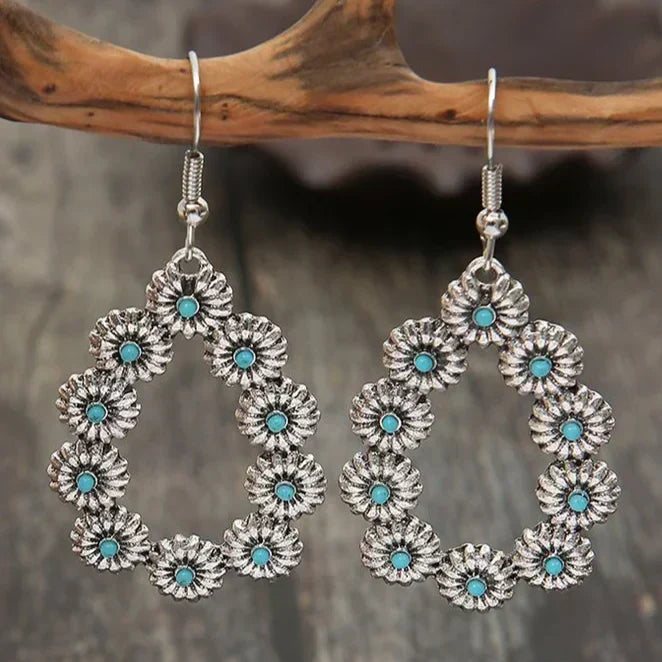 Antique Turquoise Blue Flower Dangle Earrings, Western Style