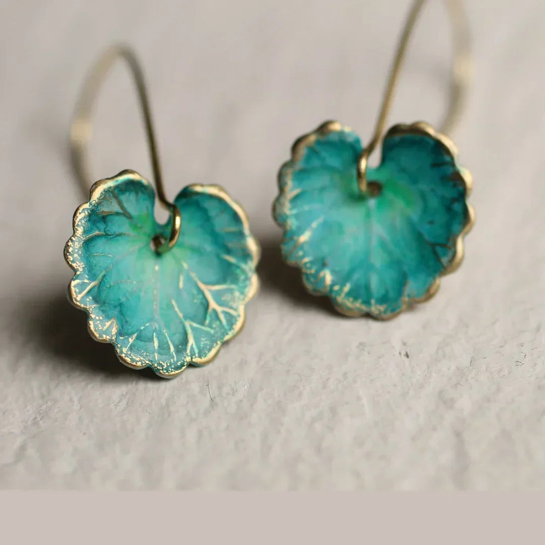 Vintage blue lotus leaf earrings with delicate details