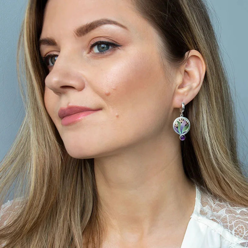 Boho Purple Enamel Crystal Earrings with Amethyst Gemstones