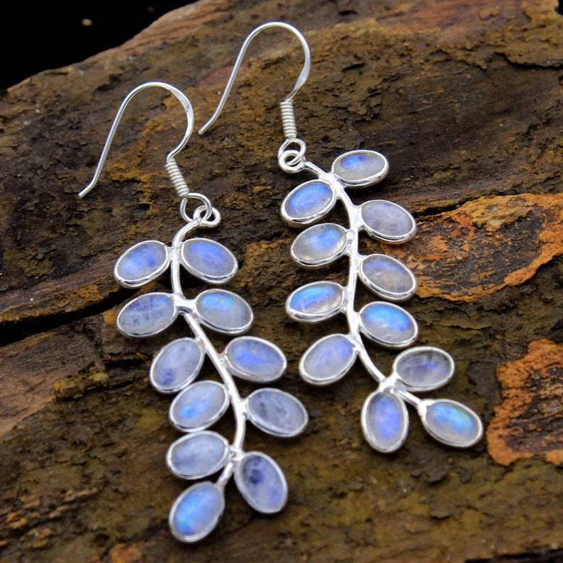 Vintage-Style Blue Moonstone Leaf Dangle Earrings