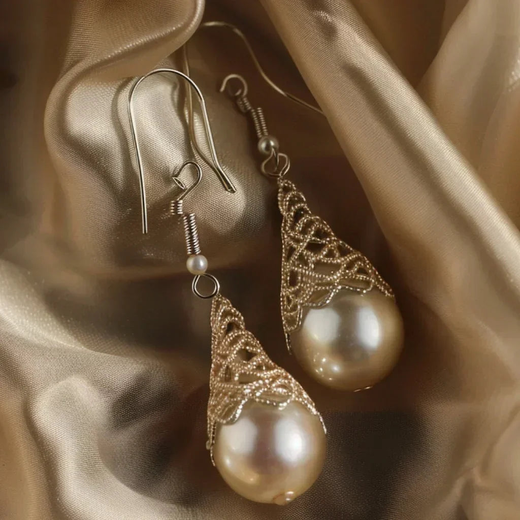 Elegant Dangle Earrings with Pearls and Filigree Metal Braid