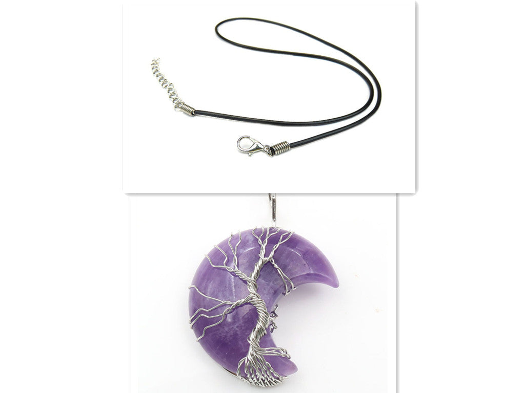 Moon-Shaped Tree of Life Healing Stone Pendant with Chain