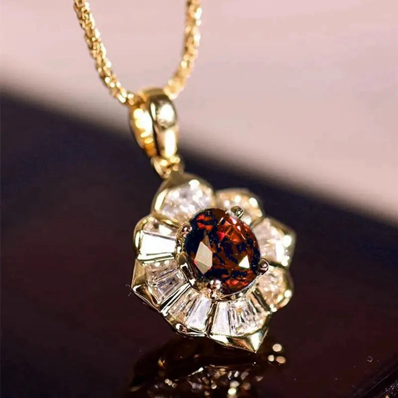 Vintage Necklace with Deep Red Gemstone and Sparkling Cubic Zirconia