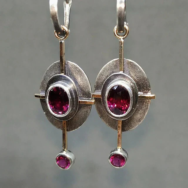 Handmade Boho Earrings with Oval and Round Garnet Stones