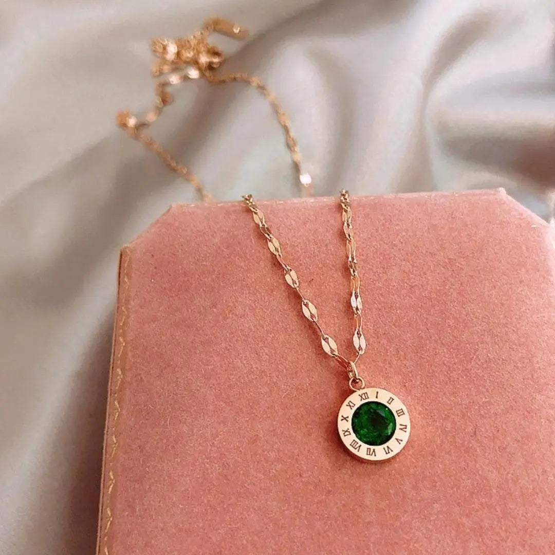 Round Emerald Pendant Necklace with Roman Numerals