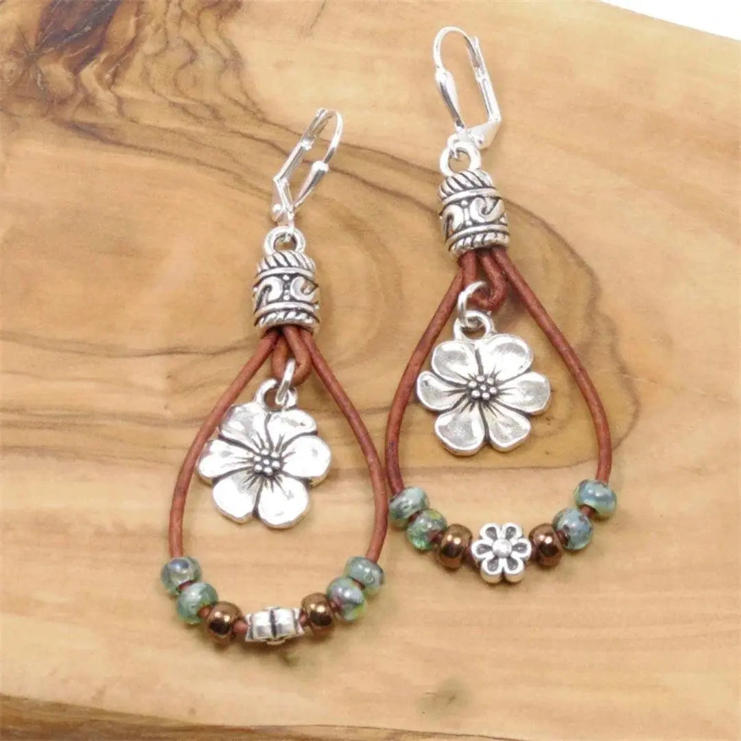 Boho Leather Earrings with Flower Charms and Colorful Glass Beads