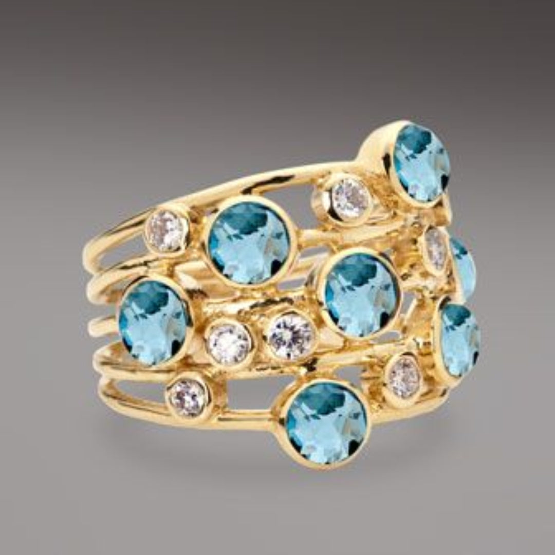 Vintage Gold Ring with Blue and White Cubic Zirconia