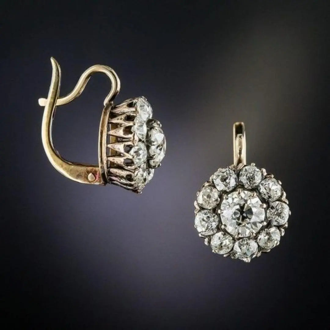 Vintage diamond flower cluster earrings with an elegant hook design