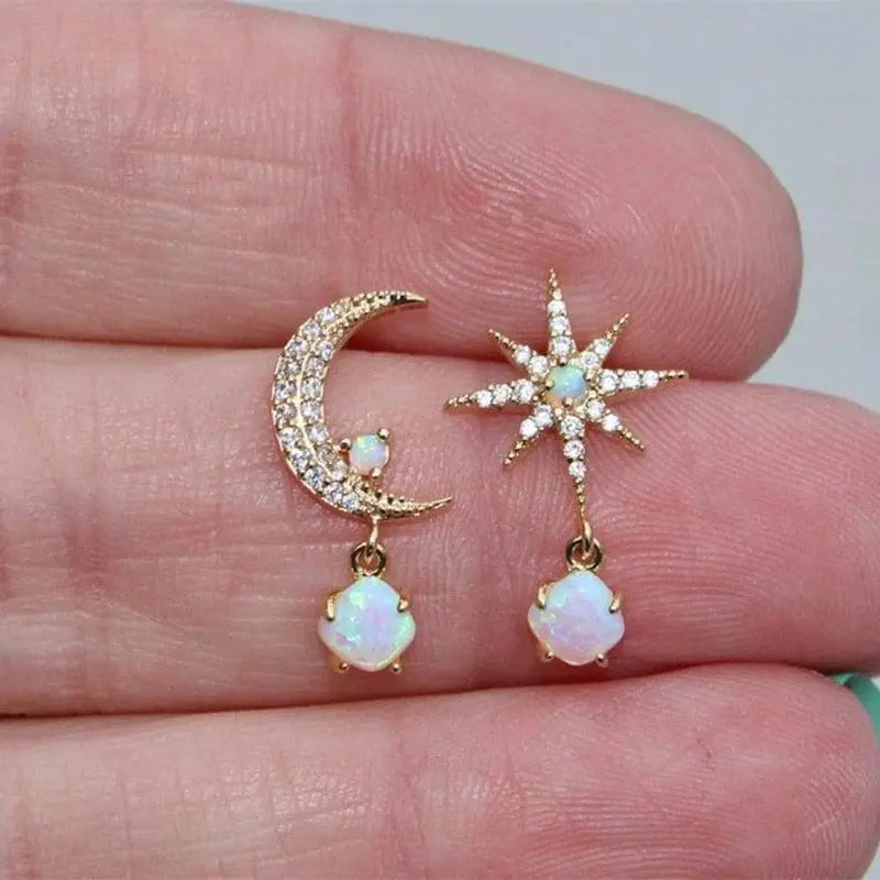 Brilliant Moon and Star Opal Earrings with Cubic Zirconia