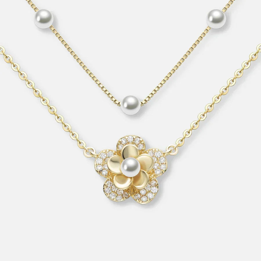 Double-Layer Flower Necklace with Pearls and Sparkling Cubic Zirconia