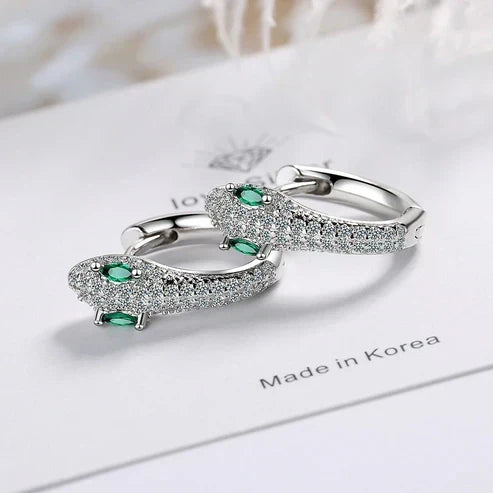 Brilliant Snake Earrings with Cubic Zirconia and Green Emerald Eyes