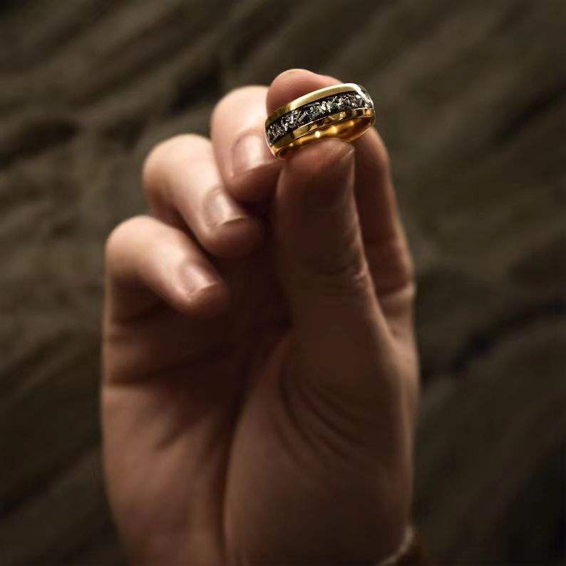 Stainless Steel Ring with Silver Foil Inlay and Gold Edges