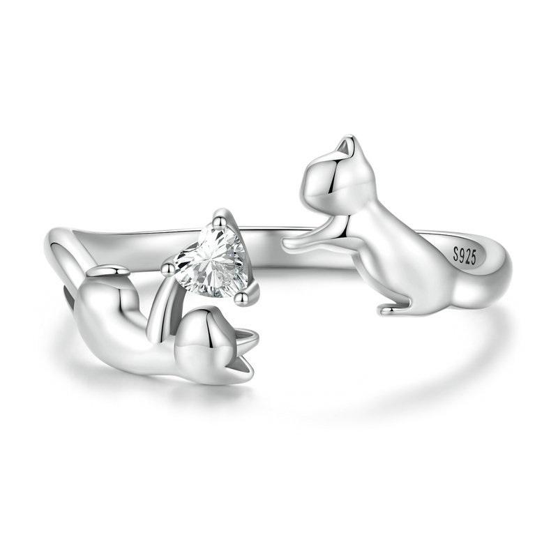 Adjustable "Playful Kittens" Ring — Silver Colored and Zirconia