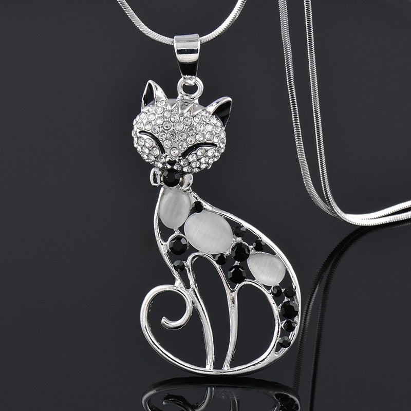 Elegant Cat Necklace with Rhinestones and Opal Pendant