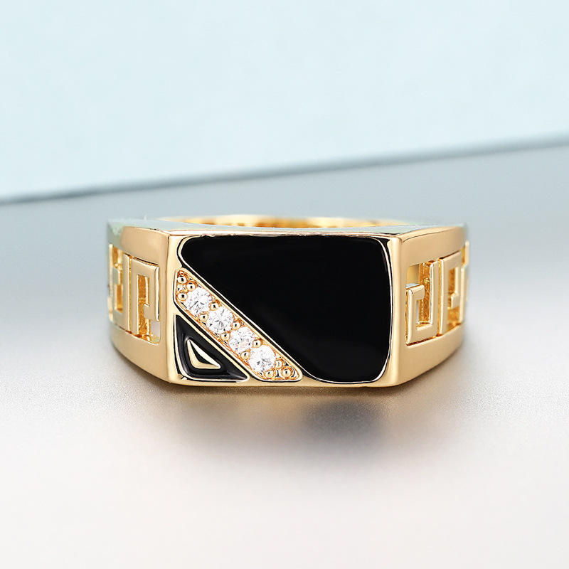 Gold-Plated Stainless Steel Ring with Black Stone