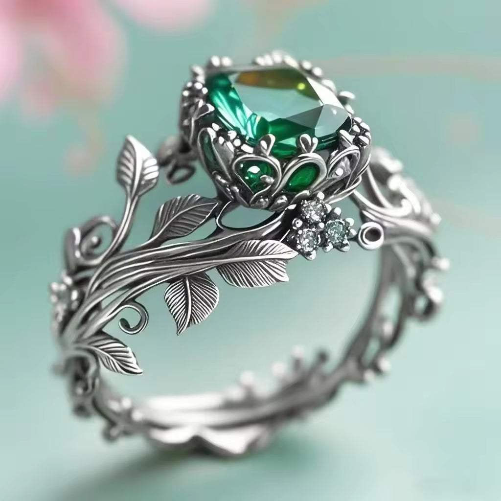 Green Crystal Floral Ring in Rose Gold