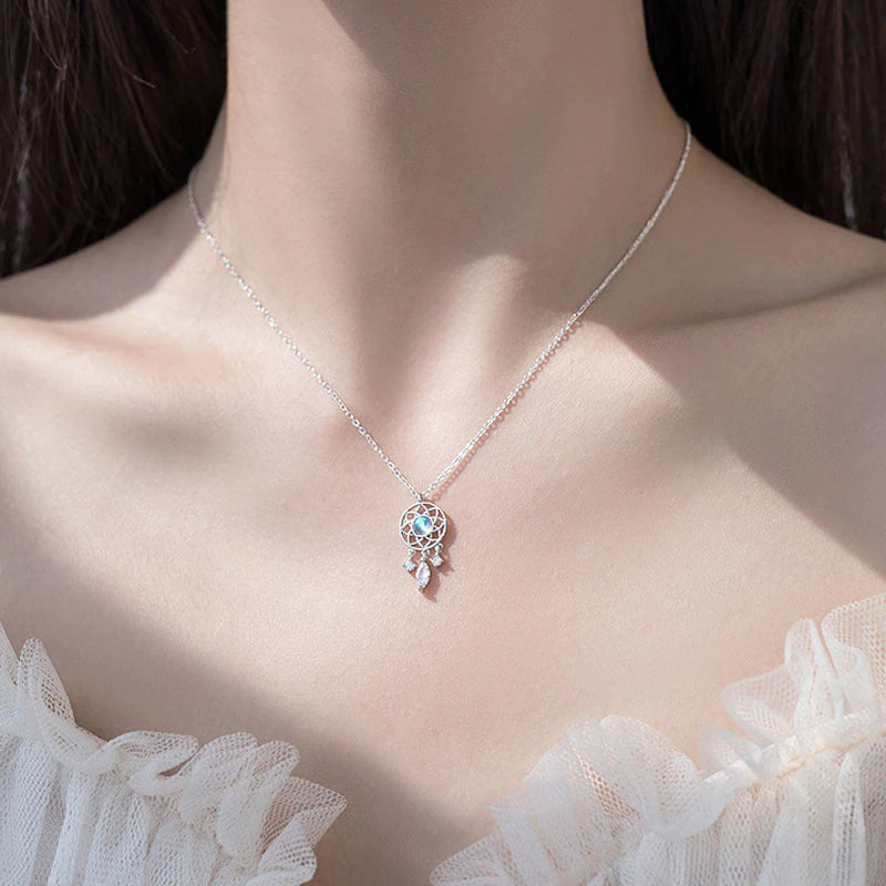 Sparkling Moonstone Dreamcatcher Necklace with Brilliant Cubic Zirconia Details