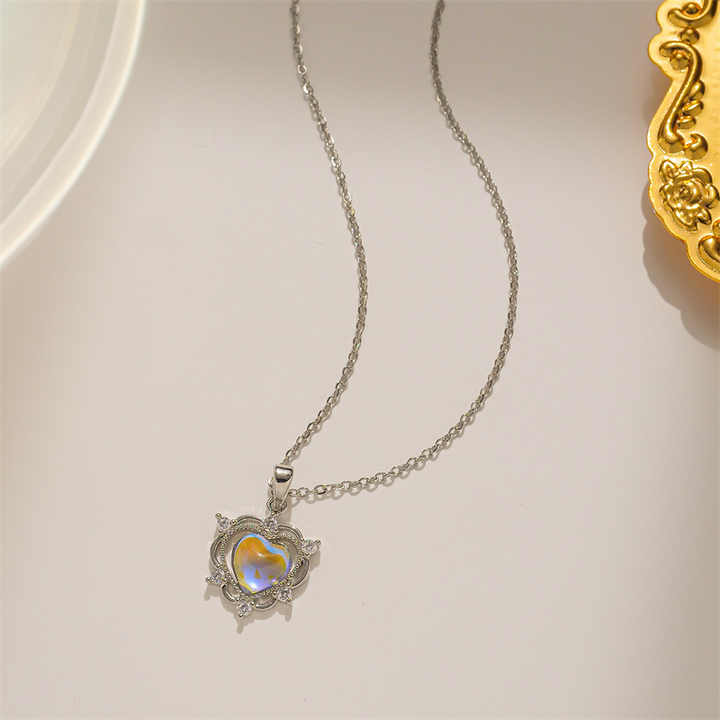 Rainbow Moonstone Heart Necklace with Cubic Zirconia Accents