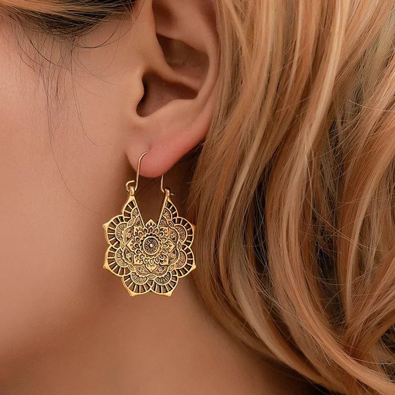 Boho Hippie Mandala Teardrop Earrings with Antique Look, Women's Jewelry