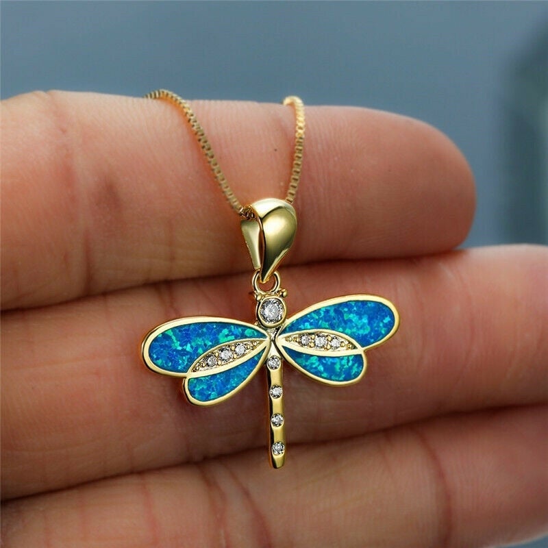Sparkling Dragonfly Necklace with Iridescent Opal Details and Sparkling Cubic Zirconia