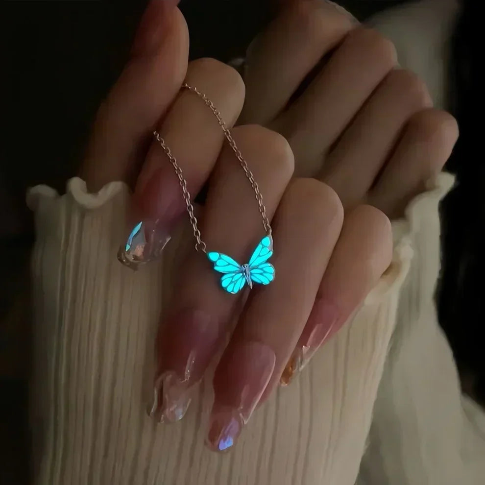 Glow-in-the-Dark Butterfly Jewelry Set: Necklace and Bracelet in Light Blue