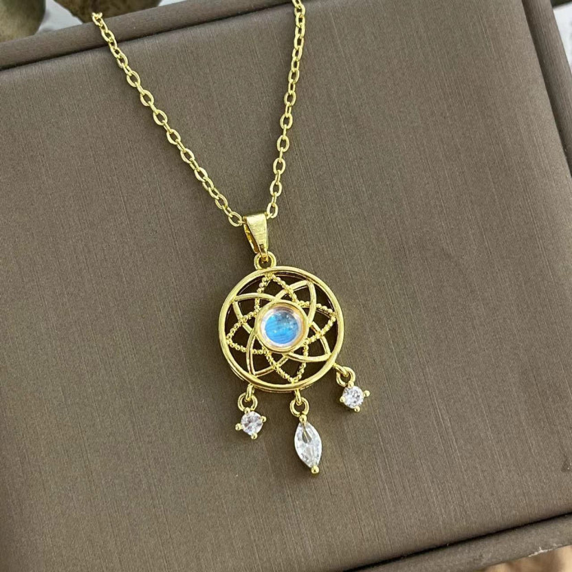 Moonstone Dreamcatcher Necklace with Cubic Zirconia Charms