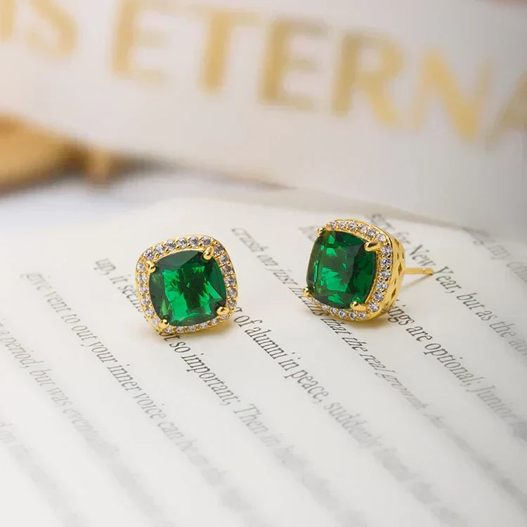Emerald Green Square Gemstone Earrings with Cubic Zirconia Halo