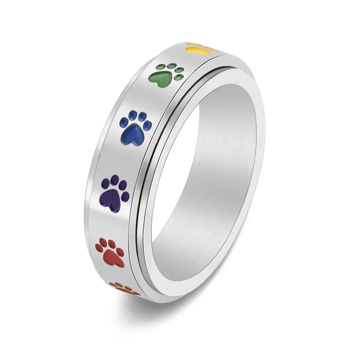 Stress-Relief Spinner Ring - Stainless Steel with Rainbow Paw Print