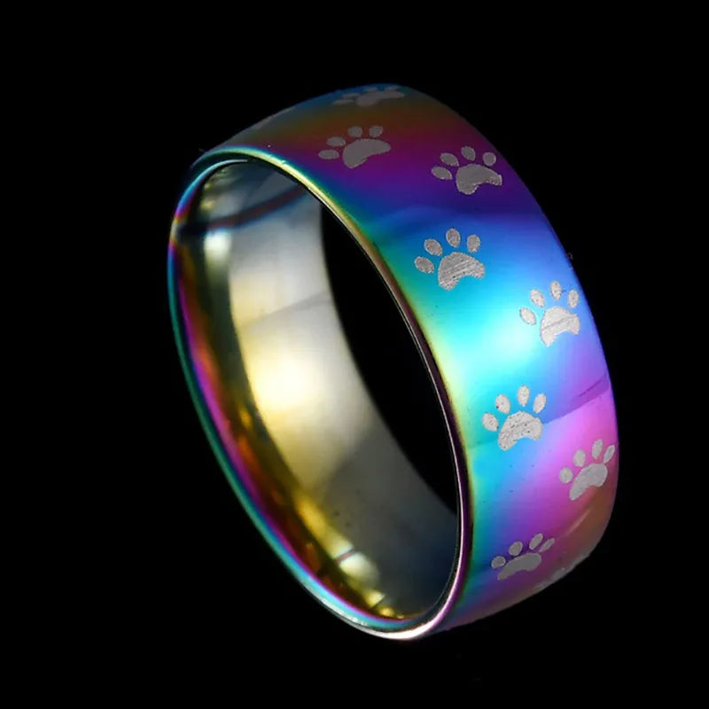 Handcrafted Stainless Steel Ring with Rainbow Paw Print