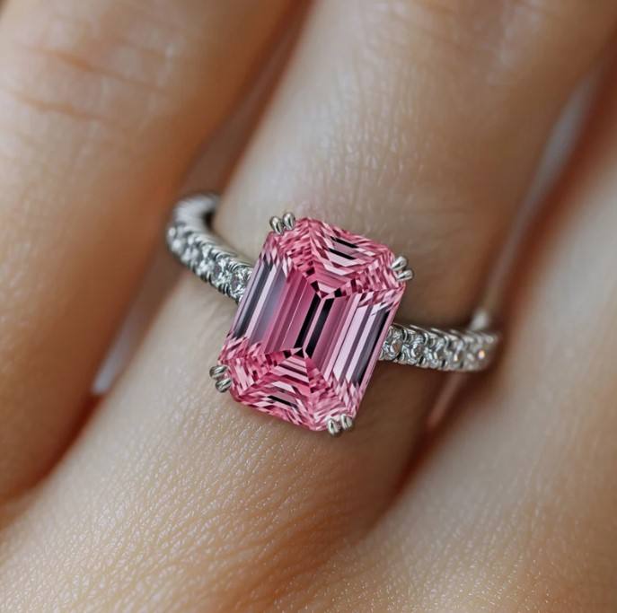 Elegant Ring with Pink Emerald-Cut Stone