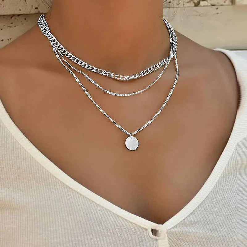 Multi-Layer Necklace with Boho-Style Disc Pendant