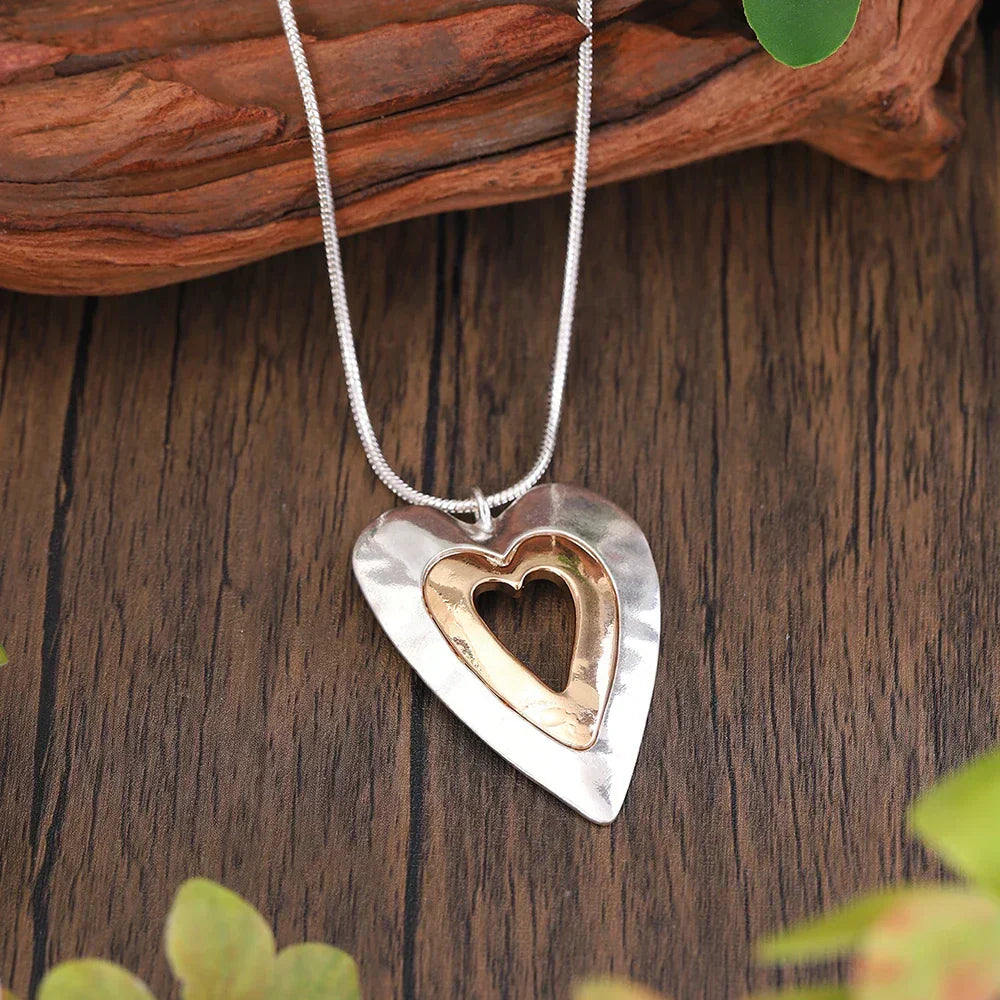 Two-Tone Hammered Heart Pendant Necklace