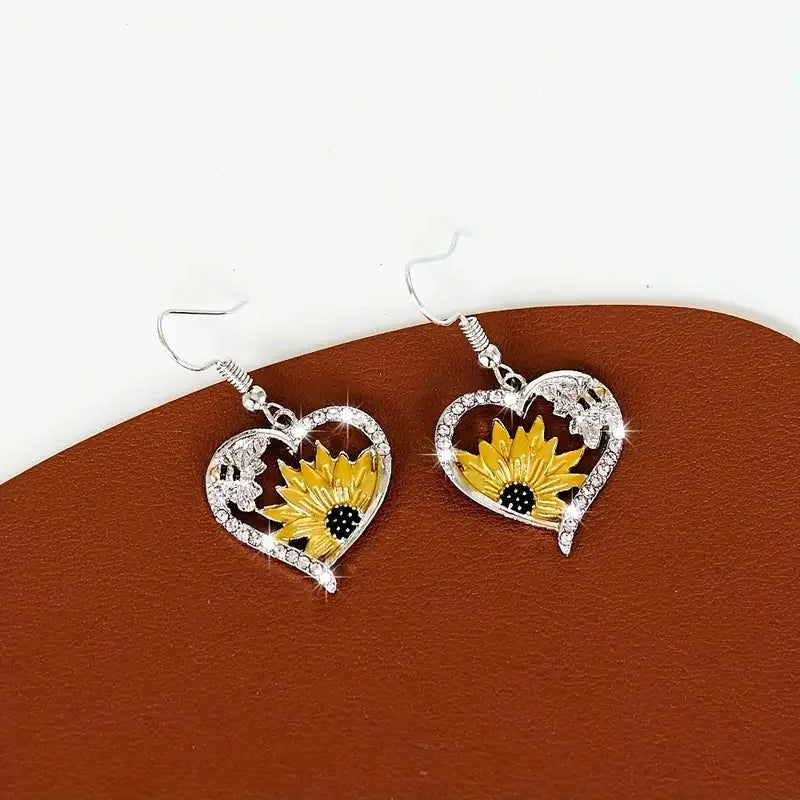 Boho Sunflower Bee Heart Earrings with Sparkling Cubic Zirconia