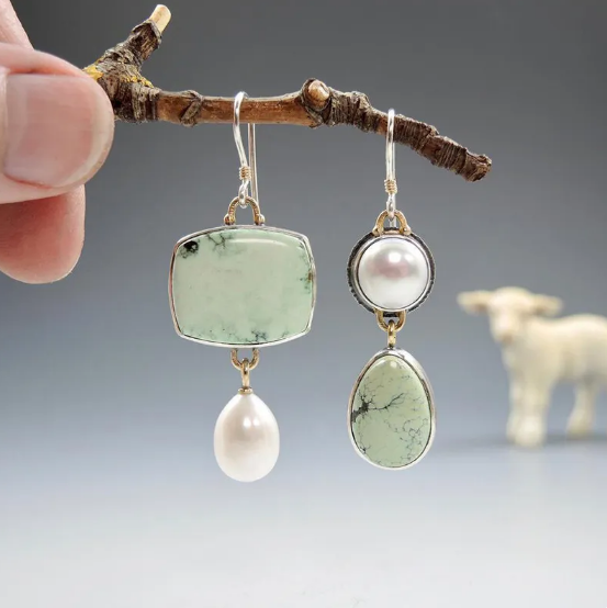 Asymmetrical Turquoise and Pearl Gemstone Earrings