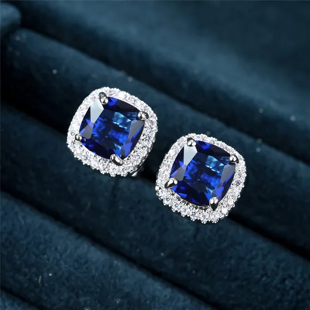 Elegant Sapphire Earrings with Cushion-Cut Cubic Zirconia Halo