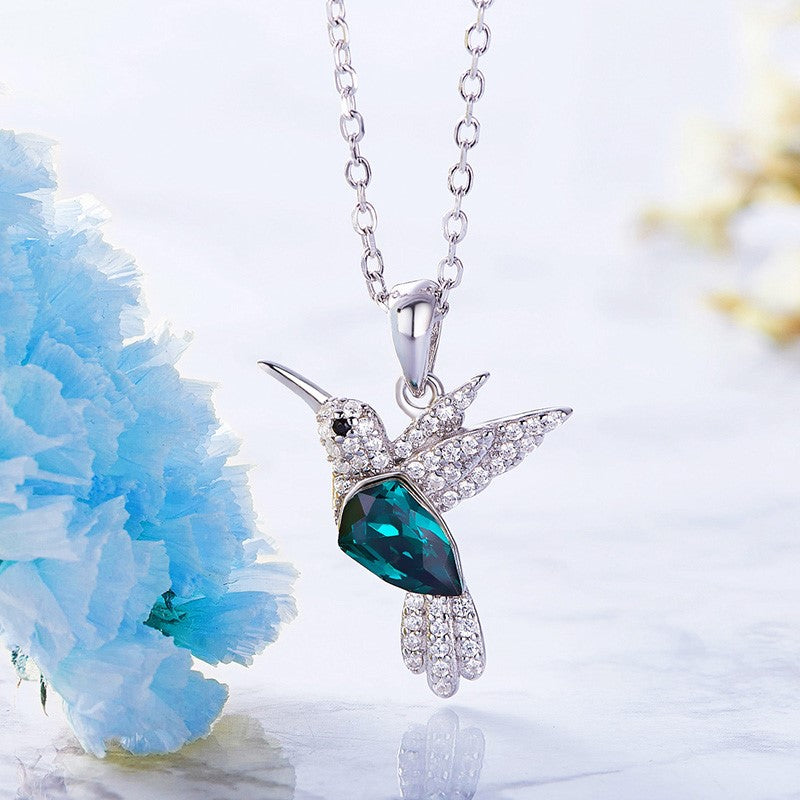 Sparkling Hummingbird Necklace with Blue Crystal and Cubic Zirconia