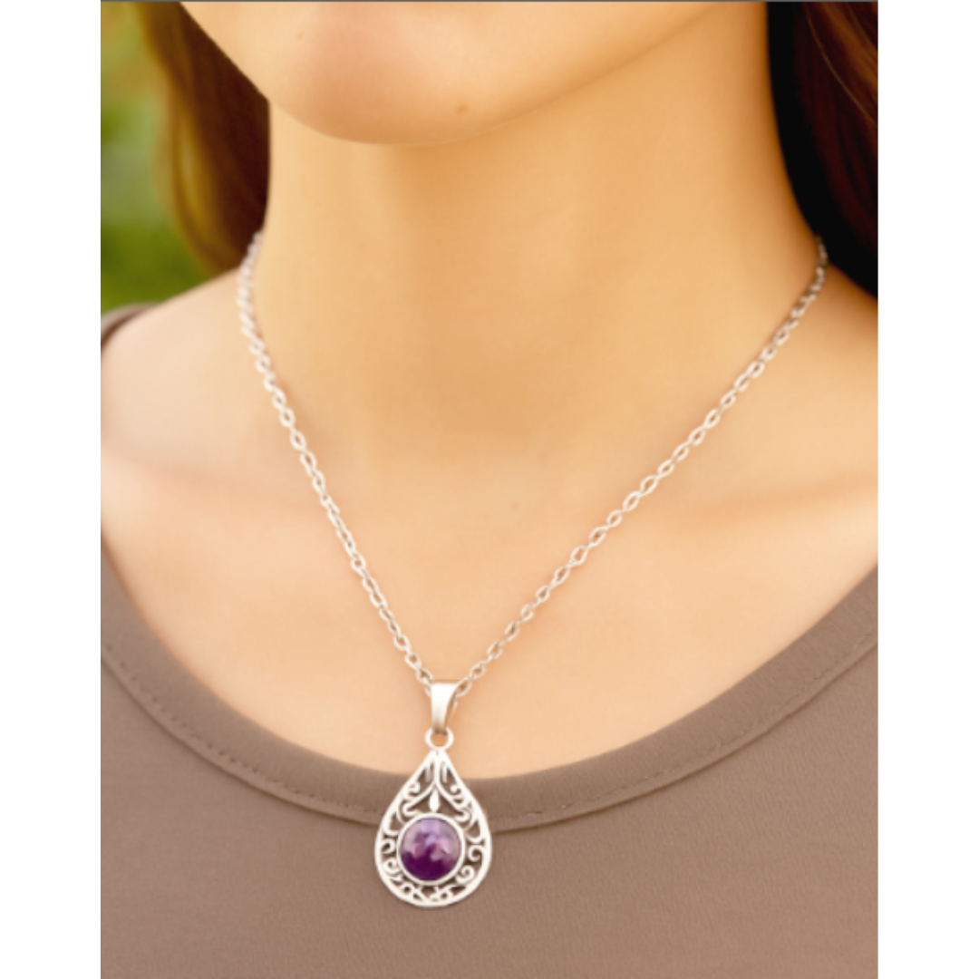 Amethyst Teardrop Necklace with Delicate Filigree