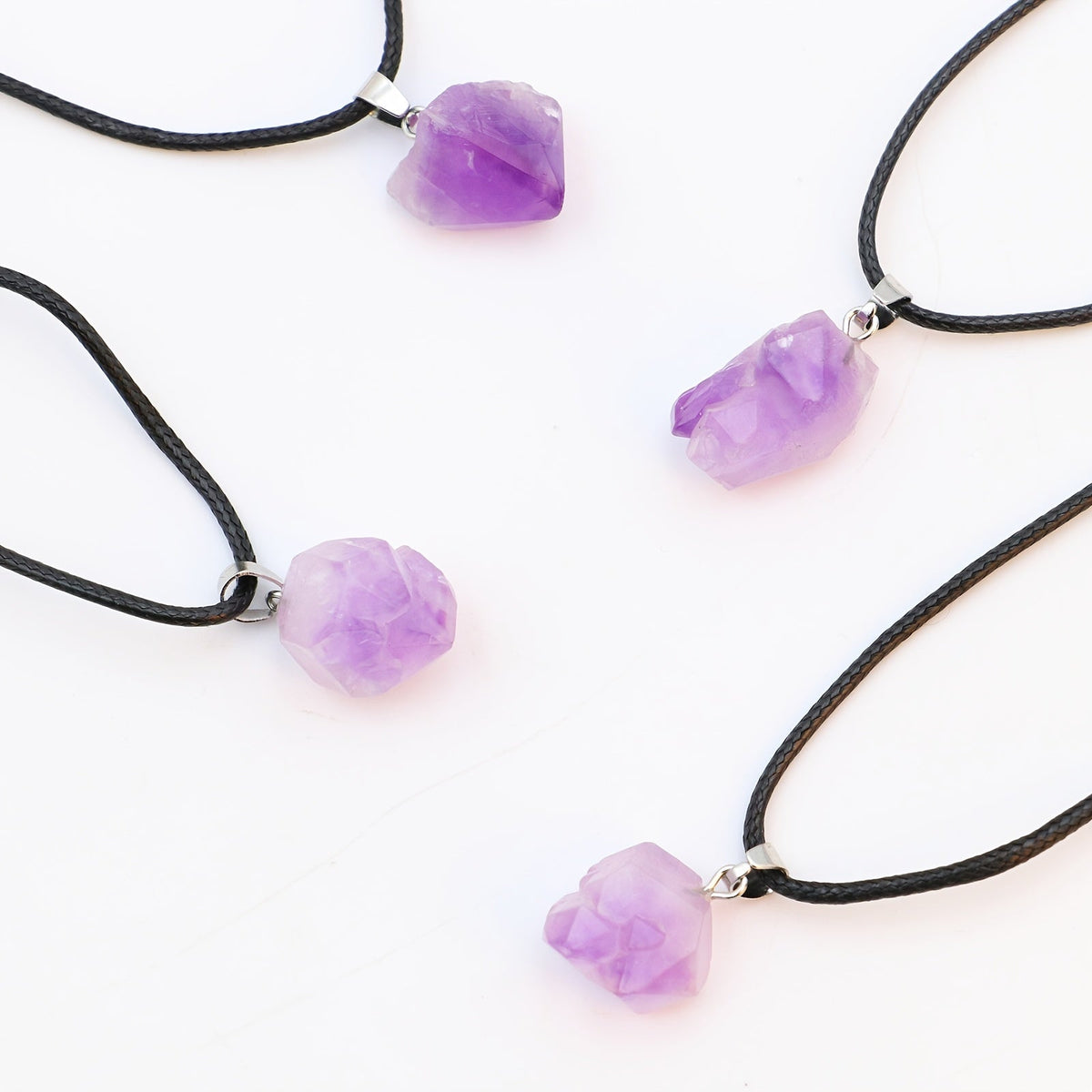 Natural Amethyst Crystal Pendant Necklace with Adjustable Leather Cord