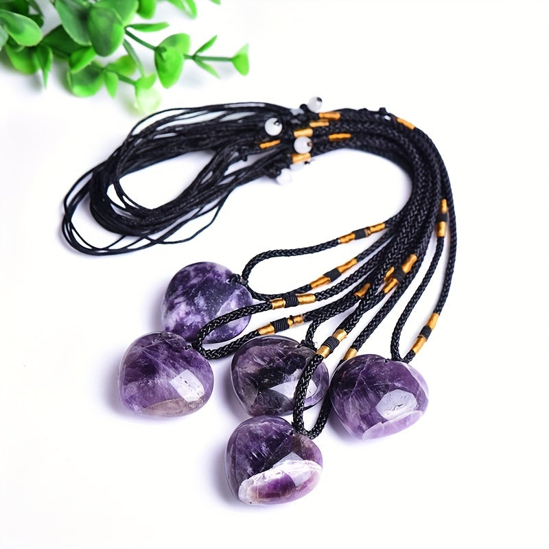 Natural Amethyst Heart Necklace with Adjustable Cord and Gemstone Pendant