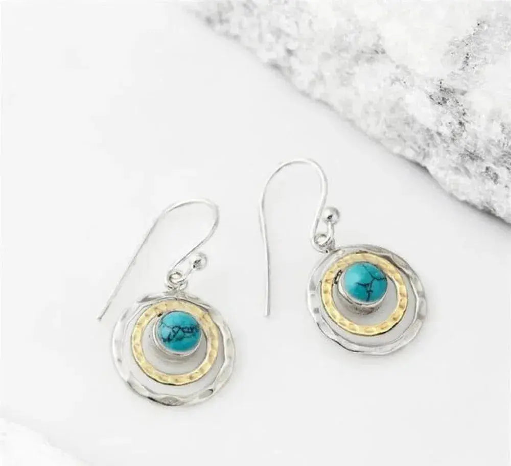 Boho Turquoise Earrings with Concentric Circles and Hammered Texture